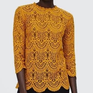 Zara Mustard Yellow Vintage Style Sheer Lace Blouse Size L